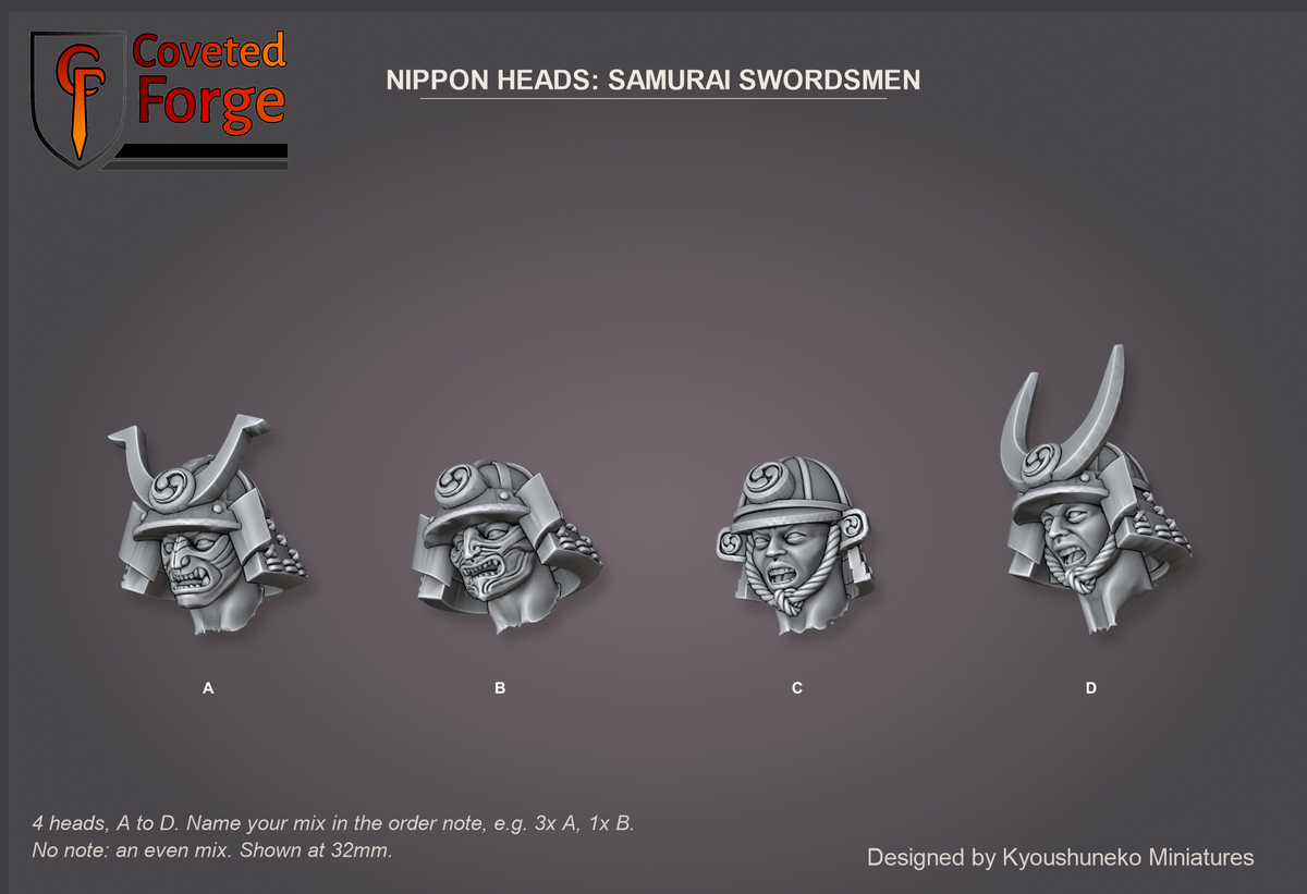 Coveted Forge bits sheet: Heads (13 of 13), Nippon Heads Samurai Swordsmen style guide, 4 different heads lettered A to D to name in the order note, shown at 32mm, resin heads with neck pegs by Kyoushuneko Miniatures.