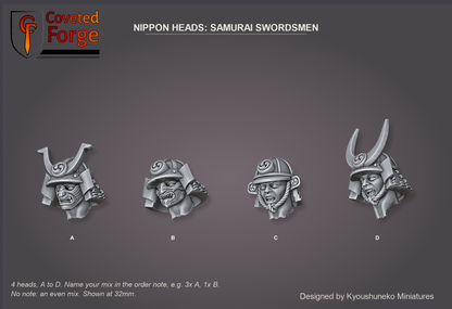 Coveted Forge bits sheet: Heads (13 of 13), Nippon Heads Samurai Swordsmen style guide, 4 different heads lettered A to D to name in the order note, shown at 32mm, resin heads with neck pegs by Kyoushuneko Miniatures.