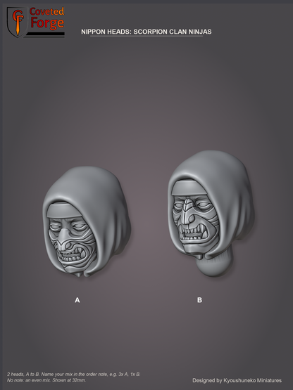Coveted Forge bits sheet: Heads (11 of 13), Nippon Heads Scorpion Clan Ninjas style guide, 2 different heads lettered A to B to name in the order note, shown at 32mm, resin heads with neck pegs by Kyoushuneko Miniatures.