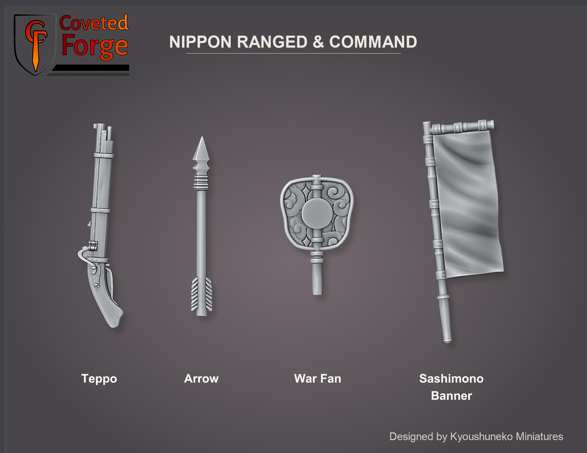 Nippon ranged and command bits: teppo matchlock, arrow, war fan and sashimono banner in resin by Kyoushuneko Miniatures