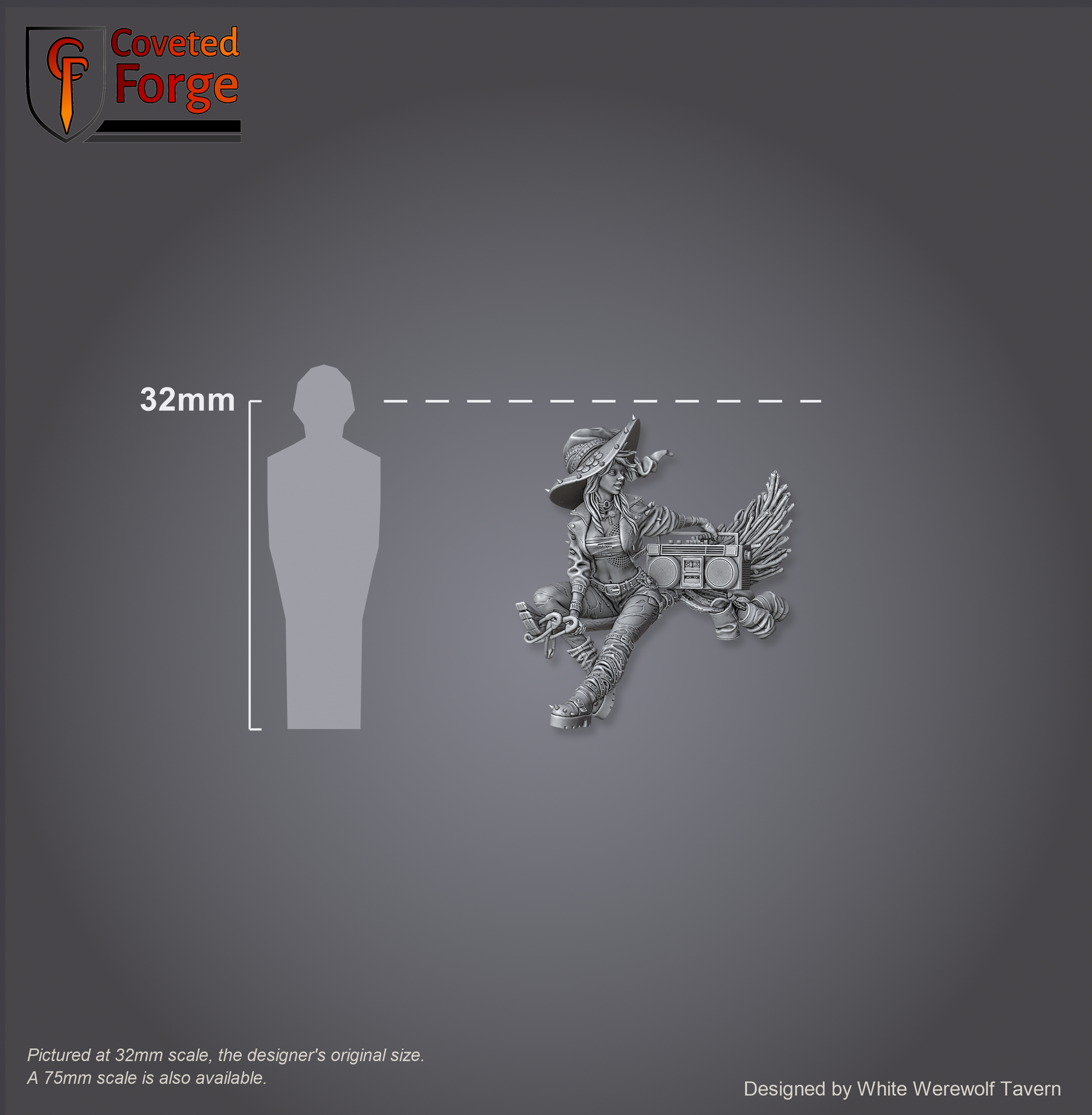 Scale reference: Nitsa Riot at 32mm scale beside a 32mm human silhouette