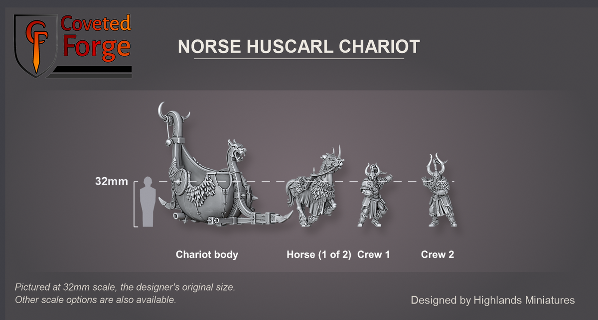 Coveted Forge scale reference: the Norse Huscarl Chariot body, one of its two horses and the two crew figures beside a 32mm human silhouette; the kit ships as thirteen separate pieces and is shown unassembled as a size reference