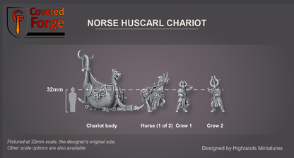 Coveted Forge scale reference: the Norse Huscarl Chariot body, one of its two horses and the two crew figures beside a 32mm human silhouette; the kit ships as thirteen separate pieces and is shown unassembled as a size reference