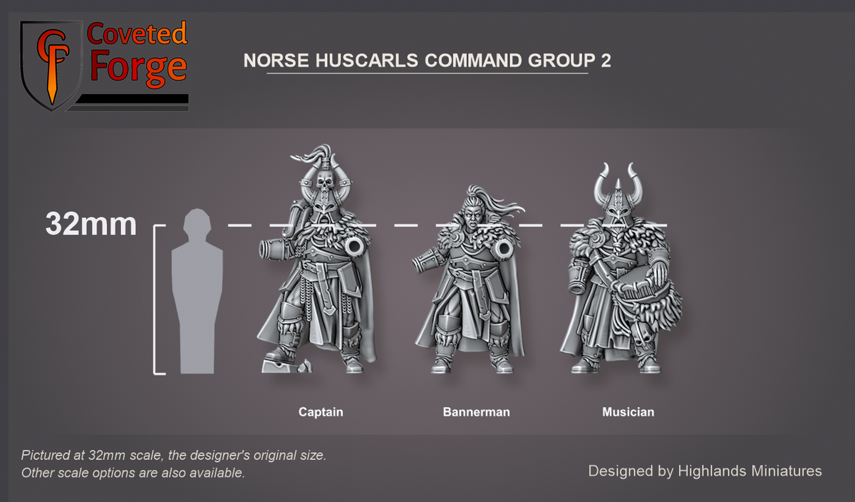 Coveted Forge scale reference: the Norse Huscarls Two-Handed Command Group captain, bannerman and musician bodies beside a 32mm human silhouette; banner, pointing hand and beater hand are separate pieces