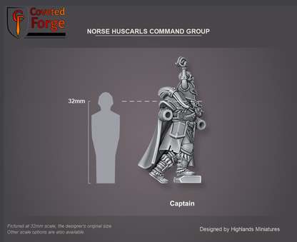 Coveted Forge scale reference: Norse Huscarls Command Group captain body, side profile, beside a 32mm human silhouette; the bannerman and musician are the same scale.