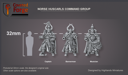 Coveted Forge scale reference: the Norse Huscarls captain, bannerman and musician bodies beside a 32mm human silhouette; banner, horn hand, weapon and shield are separate pieces