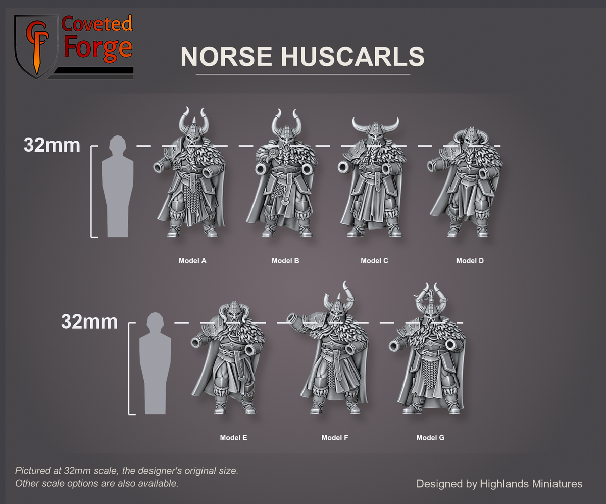 Coveted Forge scale reference: the seven Norse Huscarl bodies, Model A to G, beside a 32mm human silhouette; hand weapons and shields are separate options