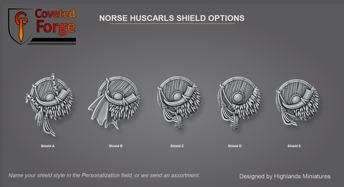 Coveted Forge shield options sheet: the five Norse Huscarl shield designs, Shield A to E, outer face, all upright; name your choice in the Personalization field at checkout or we send an assortment