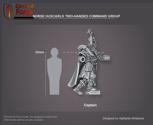 Coveted Forge scale reference: Norse Huscarls Two-Handed Command Group captain body, side profile, beside a 32mm human silhouette; every model in the set is the same scale.