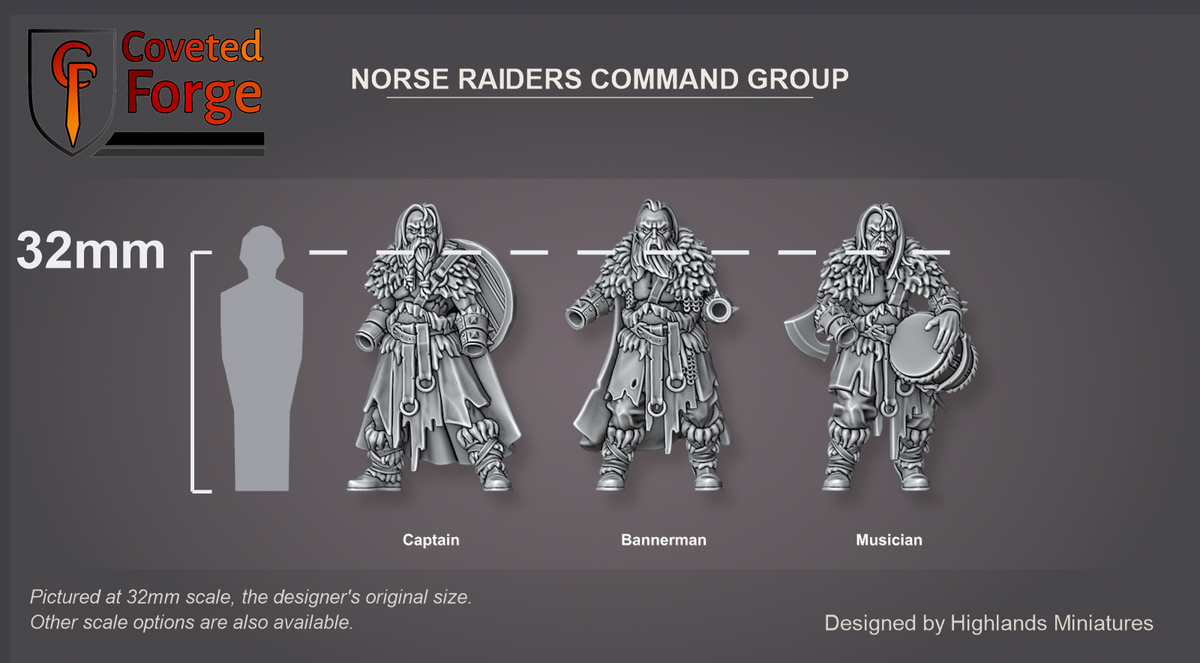 Coveted Forge scale reference: the Norse Raiders captain, bannerman and musician bodies beside a 32mm human silhouette; axe, head hand, banner and beater hand are separate pieces