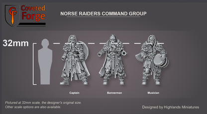 Coveted Forge scale reference: the Norse Raiders captain, bannerman and musician bodies beside a 32mm human silhouette; axe, head hand, banner and beater hand are separate pieces