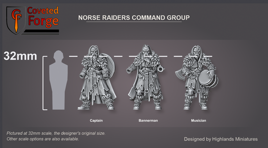 Coveted Forge scale reference: the Norse Raiders captain, bannerman and musician bodies beside a 32mm human silhouette; axe, head hand, banner and beater hand are separate pieces
