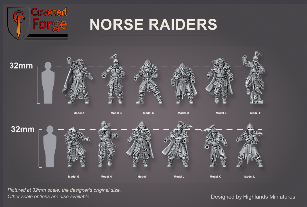 Coveted Forge scale reference: the twelve Norse Raider bodies, Model A to L, beside a 32mm human silhouette; hand weapons and shields are separate options