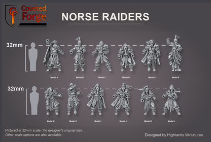 Coveted Forge scale reference: the twelve Norse Raider bodies, Model A to L, beside a 32mm human silhouette; hand weapons and shields are separate options