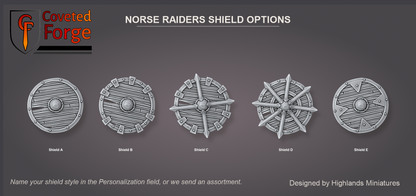 Coveted Forge shield options sheet: the five Norse Raider shield designs, Shield A to E, outer face, all upright; name your choice in the Personalization field at checkout or we send an assortment
