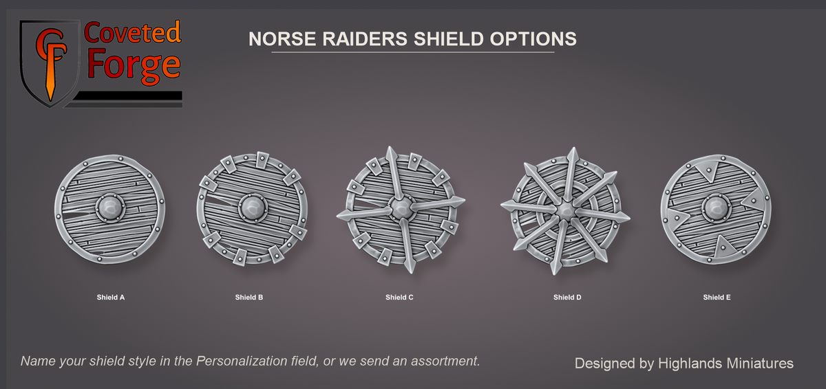 Coveted Forge shield options sheet: the five Norse Raider shield designs, Shield A to E, outer face, all upright; name your choice in the Personalization field at checkout or we send an assortment
