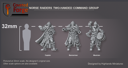 Coveted Forge scale reference: the two-handed unit's captain, bannerman and musician bodies beside a 32mm human silhouette; weapon, shield, banner and beater hand are separate pieces