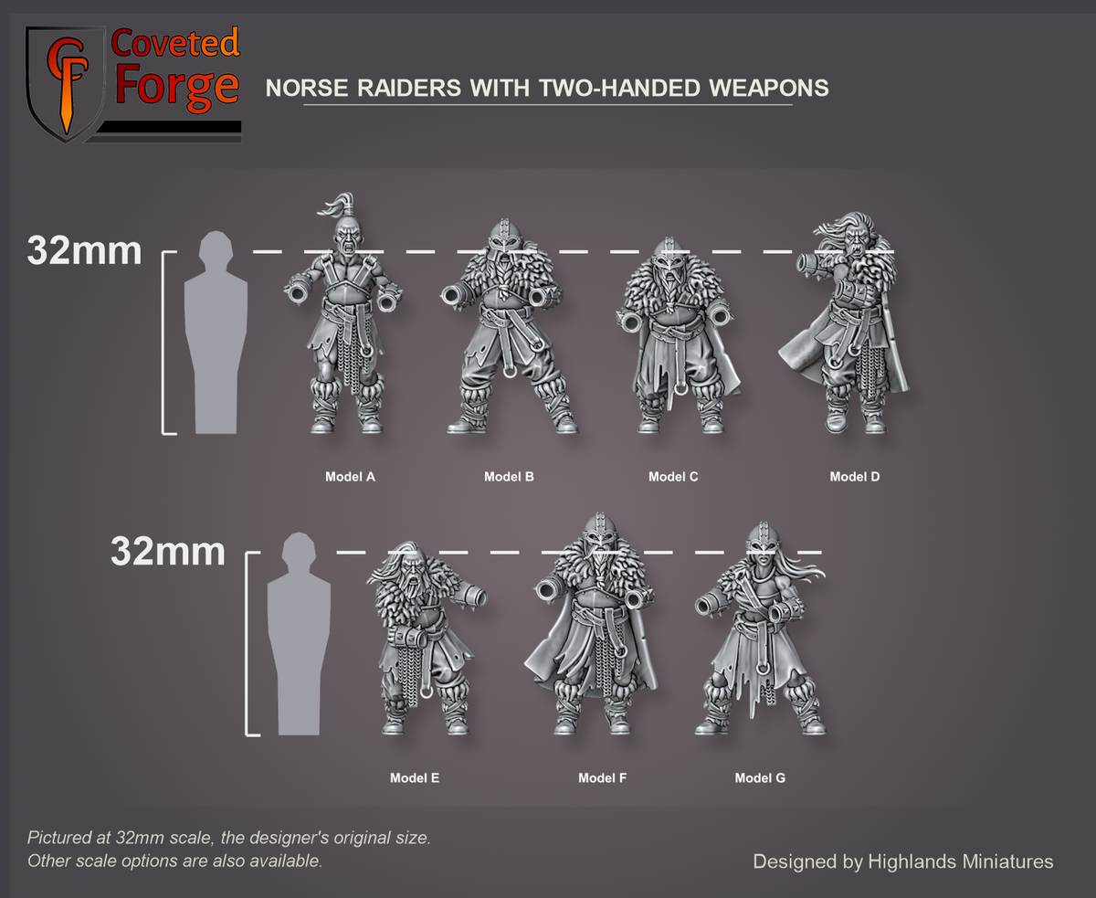 Coveted Forge scale reference: the seven two-handed Norse Raider bodies, Model A to G, beside a 32mm human silhouette; each matched great weapon is a separate piece