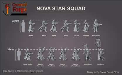 Coveted Forge scale lineup: Complete Set (All 11 Models) shown with every model, Rifle 1, Rifle 2, Rifle 3, Flamer, Fuse Gun, Great Rifle, Heavy Flamer, Heavy Fuse Gun, Superior (All Arms: 4 Pistols, Ring Blade, Mace) in her four pistol builds, Banner Bearer and Icon Bearer, beside a 32mm human silhouette, three-quarter view