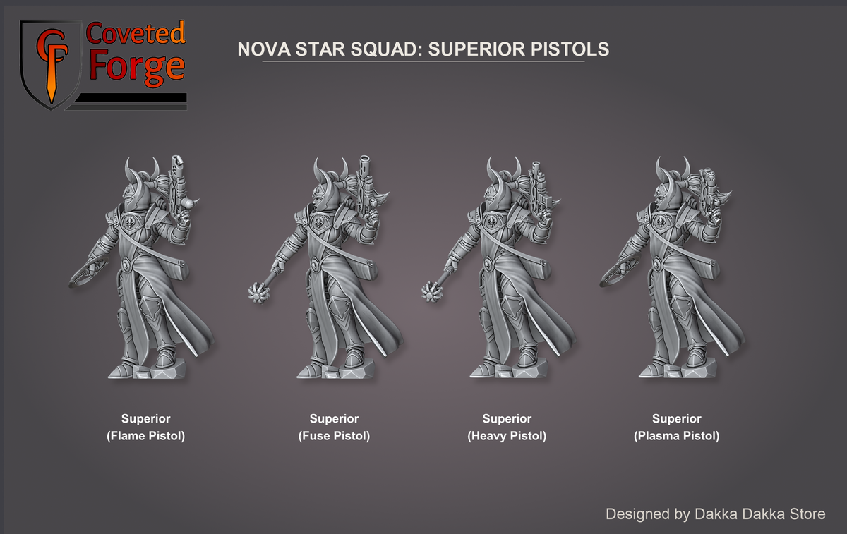 Superior arm options: the four pistol builds (Flame, Fuse, Heavy and Plasma Pistol) with ring blade or mace, all included with her, Coveted Forge render