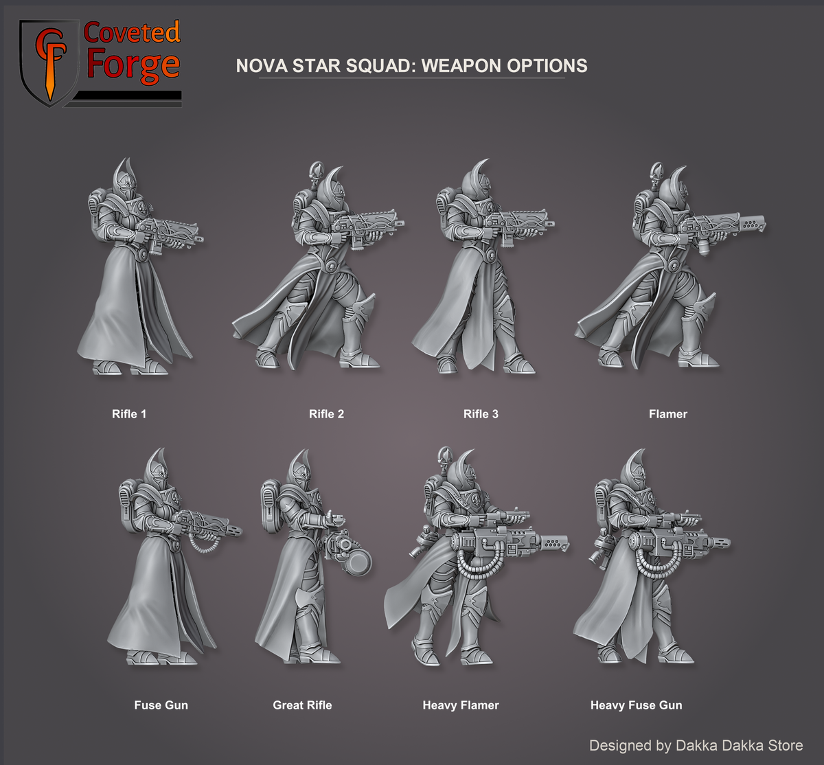 Weapon options: Rifle 1, Rifle 2, Rifle 3, Flamer, Fuse Gun, Great Rifle, Heavy Flamer and Heavy Fuse Gun, each labelled, Coveted Forge render