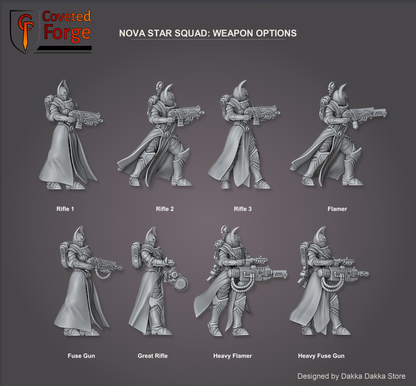 Weapon options: Rifle 1, Rifle 2, Rifle 3, Flamer, Fuse Gun, Great Rifle, Heavy Flamer and Heavy Fuse Gun, each labelled, Coveted Forge render