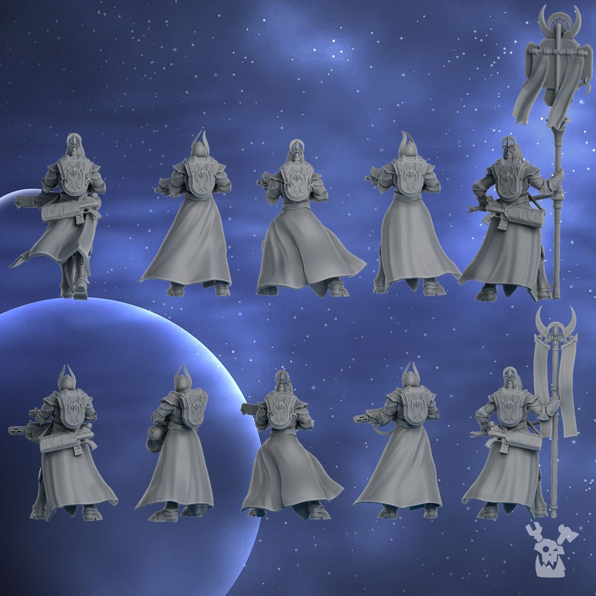 Nova Star Squad rear view of the squad showing backpacks, coats and banner, Dakka Dakka Store render