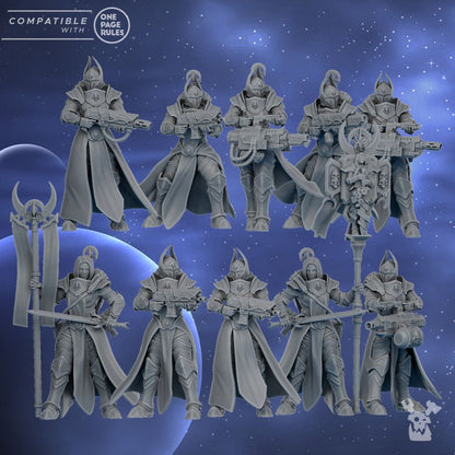 Nova Star Squad by Dakka Dakka Store, a squad of armoured sci-fi battle sisters with rifles, heavy weapons, banner and icon, 32mm resin miniatures
