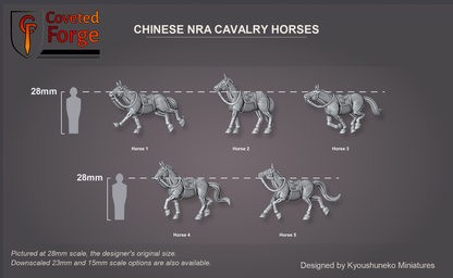 Coveted Forge scale render pictured at 28mm (1/56), the original scale, with 23mm and 15mm downscales also available. Complete Set (All 5 Horses) shown with every model: Horse 1, Horse 2, Horse 3, Horse 4, Horse 5, labelled beside a 28mm human silhouette, each horse's full body in side view. Riders not included. Bases not shown.