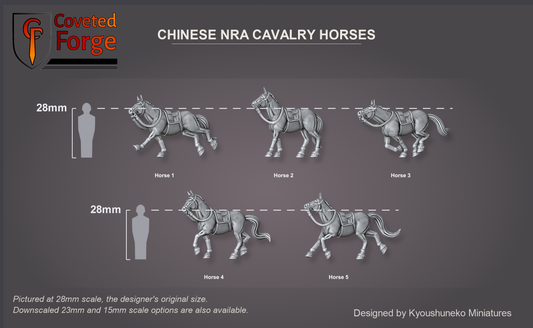 Coveted Forge scale render pictured at 28mm (1/56), the original scale, with 23mm and 15mm downscales also available. Complete Set (All 5 Horses) shown with every model: Horse 1, Horse 2, Horse 3, Horse 4, Horse 5, labelled beside a 28mm human silhouette, each horse's full body in side view. Riders not included. Bases not shown.
