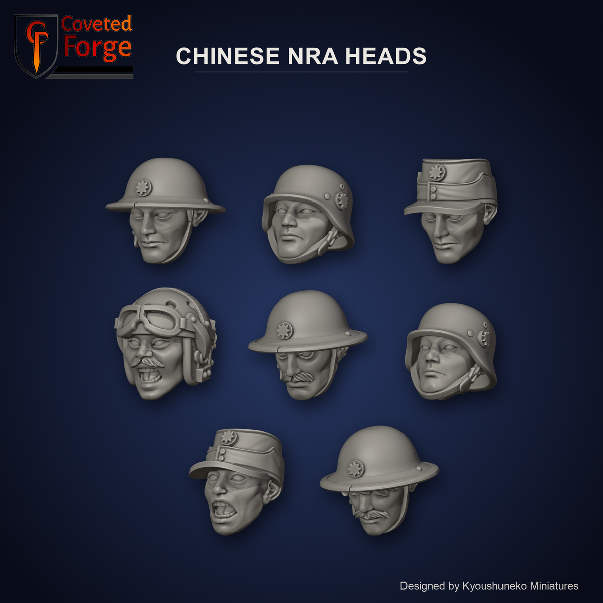 Chinese NRA Heads by Kyoushuneko Miniatures: 8 heads across all 4 styles (Infantry (Steel Helmets), 88th Division, Cavalry and NCOs (Field Caps) and Tank Commander) in warm clay on a dark navy-blue backdrop, unpainted 3D-printed resin heads with neck pegs for 28mm, 32mm and 35mm conversions.