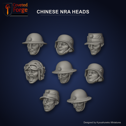 Chinese NRA Heads by Kyoushuneko Miniatures: 8 heads across all 4 styles (Infantry (Steel Helmets), 88th Division, Cavalry and NCOs (Field Caps) and Tank Commander) in warm clay on a dark navy-blue backdrop, unpainted 3D-printed resin heads with neck pegs for 28mm, 32mm and 35mm conversions.