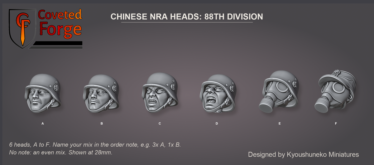 Coveted Forge bits sheet: Heads, Chinese NRA Heads 88th Division style guide, 6 different heads lettered A to F to name in the order note, shown at 28mm, resin heads by Kyoushuneko Miniatures.