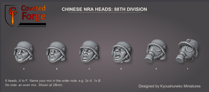 Coveted Forge bits sheet: Heads, Chinese NRA Heads 88th Division style guide, 6 different heads lettered A to F to name in the order note, shown at 28mm, resin heads by Kyoushuneko Miniatures.