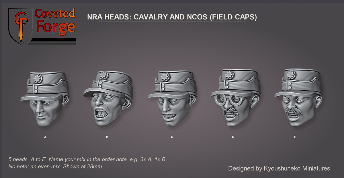 Coveted Forge bits sheet: Heads, Chinese NRA Heads Cavalry and NCOs (Field Caps) style guide, 5 different heads lettered A to E to name in the order note, shown at 28mm, resin heads by Kyoushuneko Miniatures.