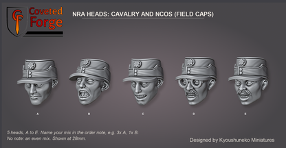 Coveted Forge bits sheet: Heads, Chinese NRA Heads Cavalry and NCOs (Field Caps) style guide, 5 different heads lettered A to E to name in the order note, shown at 28mm, resin heads by Kyoushuneko Miniatures.