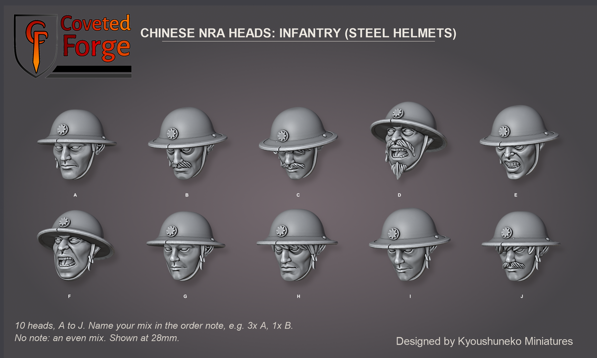 Coveted Forge bits sheet: Heads, Chinese NRA Heads Infantry (Steel Helmets) style guide, 10 different heads lettered A to J to name in the order note, shown at 28mm, resin heads by Kyoushuneko Miniatures.