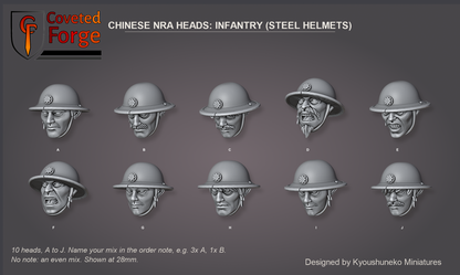 Coveted Forge bits sheet: Heads, Chinese NRA Heads Infantry (Steel Helmets) style guide, 10 different heads lettered A to J to name in the order note, shown at 28mm, resin heads by Kyoushuneko Miniatures.
