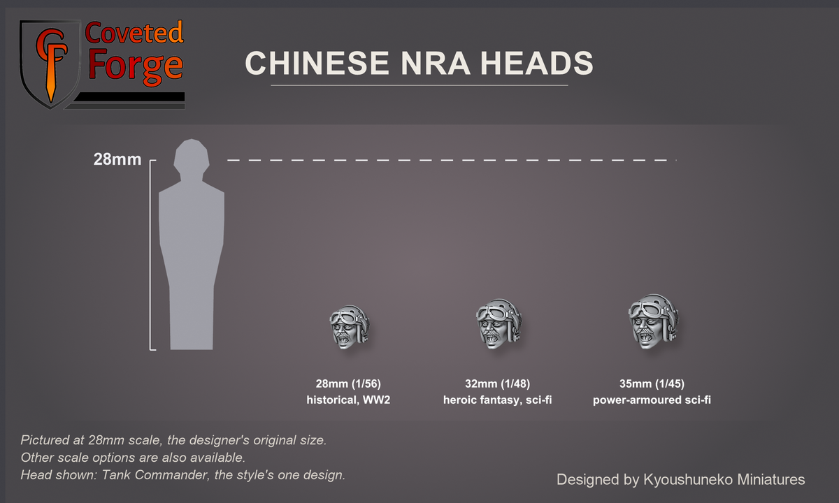 Coveted Forge scale reference: one Chinese NRA Tank Commander head, that style's one head design, at 28mm, 32mm and 35mm scale beside a 28mm human silhouette, front three-quarter view, each scale labelled with the ranges it suits; 28mm is the designer's original size, 32mm and 35mm options are also available; every head is the same scale.
