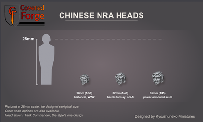 Coveted Forge scale reference: one Chinese NRA Tank Commander head, that style's one head design, at 28mm, 32mm and 35mm scale beside a 28mm human silhouette, front three-quarter view, each scale labelled with the ranges it suits; 28mm is the designer's original size, 32mm and 35mm options are also available; every head is the same scale.