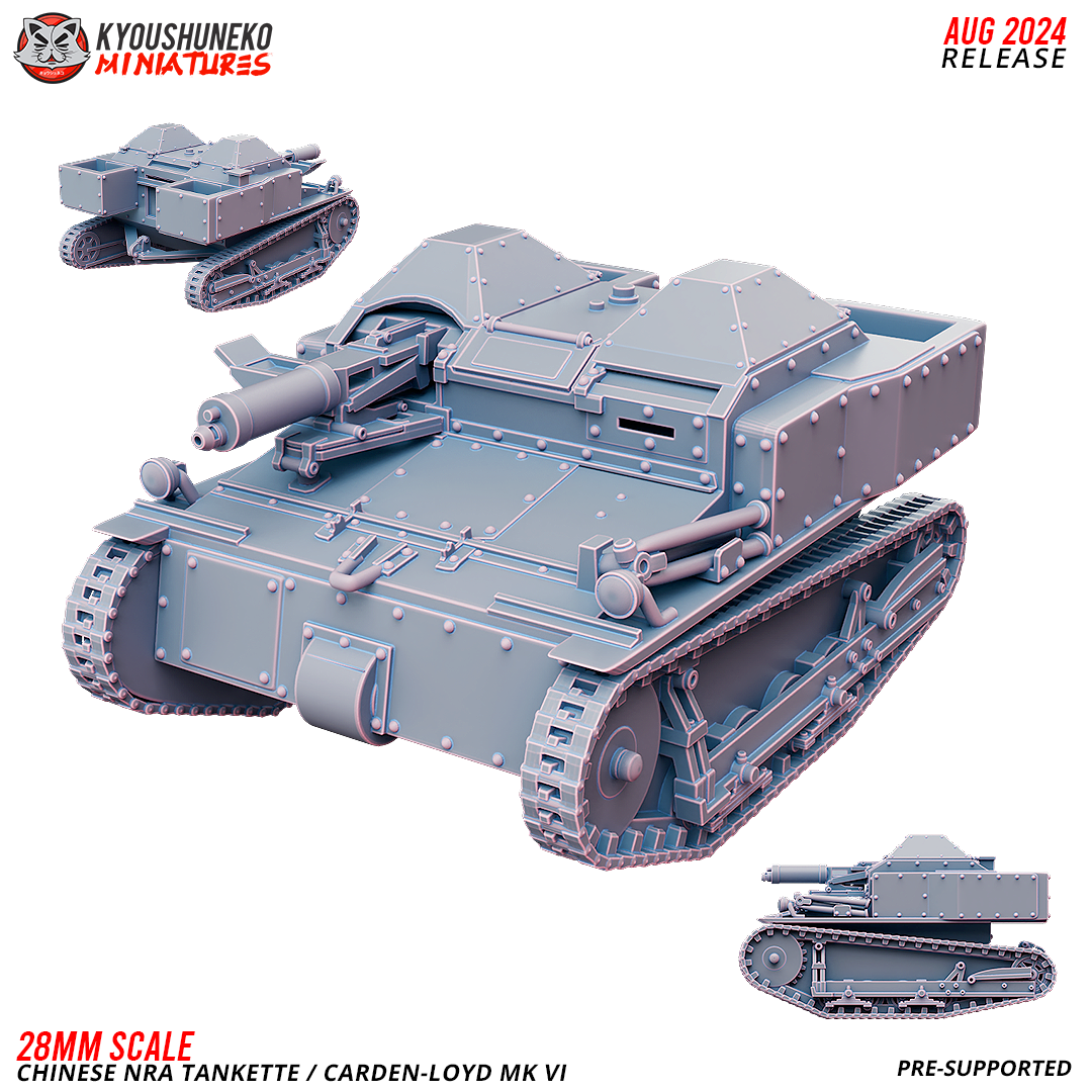 Chinese NRA Carden-Loyd Mk VI tankette, a WW2 Chinese Nationalist tracked carrier with a forward machine gun and twin crew hoods, front three-quarter, side and rear views, designer render by Kyoushuneko Miniatures.