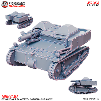Chinese NRA Carden-Loyd Mk VI tankette, a WW2 Chinese Nationalist tracked carrier with a forward machine gun and twin crew hoods, front three-quarter, side and rear views, designer render by Kyoushuneko Miniatures.