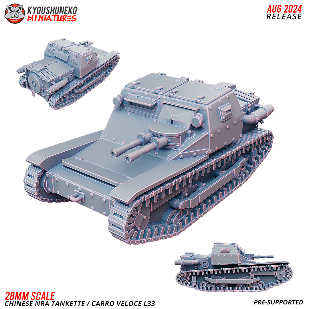 Chinese NRA Carro Veloce L33 tankette, a WW2 Chinese Nationalist light tank with a twin machine gun mount, front three-quarter, rear and side views, designer render by Kyoushuneko Miniatures.