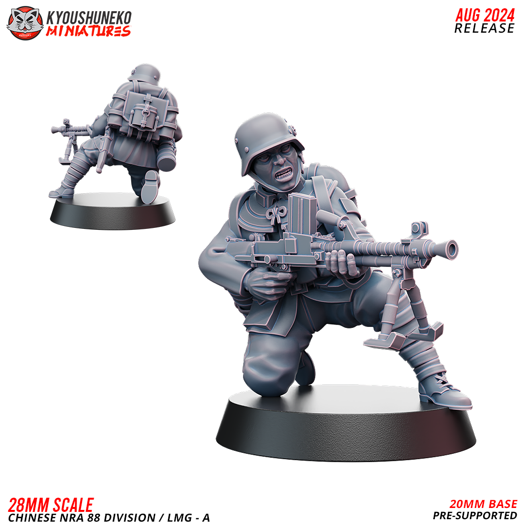 Chinese NRA 88th Division LMG Gunner 1, a kneeling soldier in a steel helmet with a bipod light machine gun, front and rear view, designer render by Kyoushuneko Miniatures.