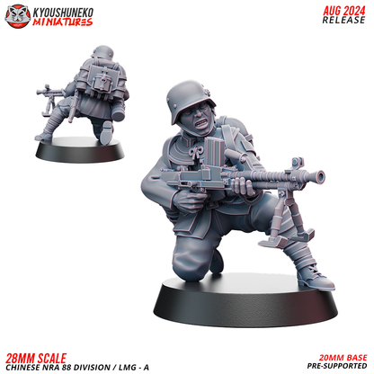 Chinese NRA 88th Division LMG Gunner 1, a kneeling soldier in a steel helmet with a bipod light machine gun, front and rear view, designer render by Kyoushuneko Miniatures.