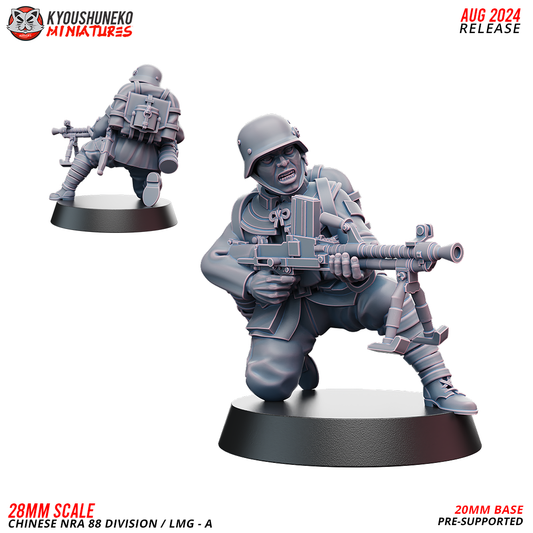 Chinese NRA 88th Division LMG Gunner 1, a kneeling soldier in a steel helmet with a bipod light machine gun, front and rear view, designer render by Kyoushuneko Miniatures.
