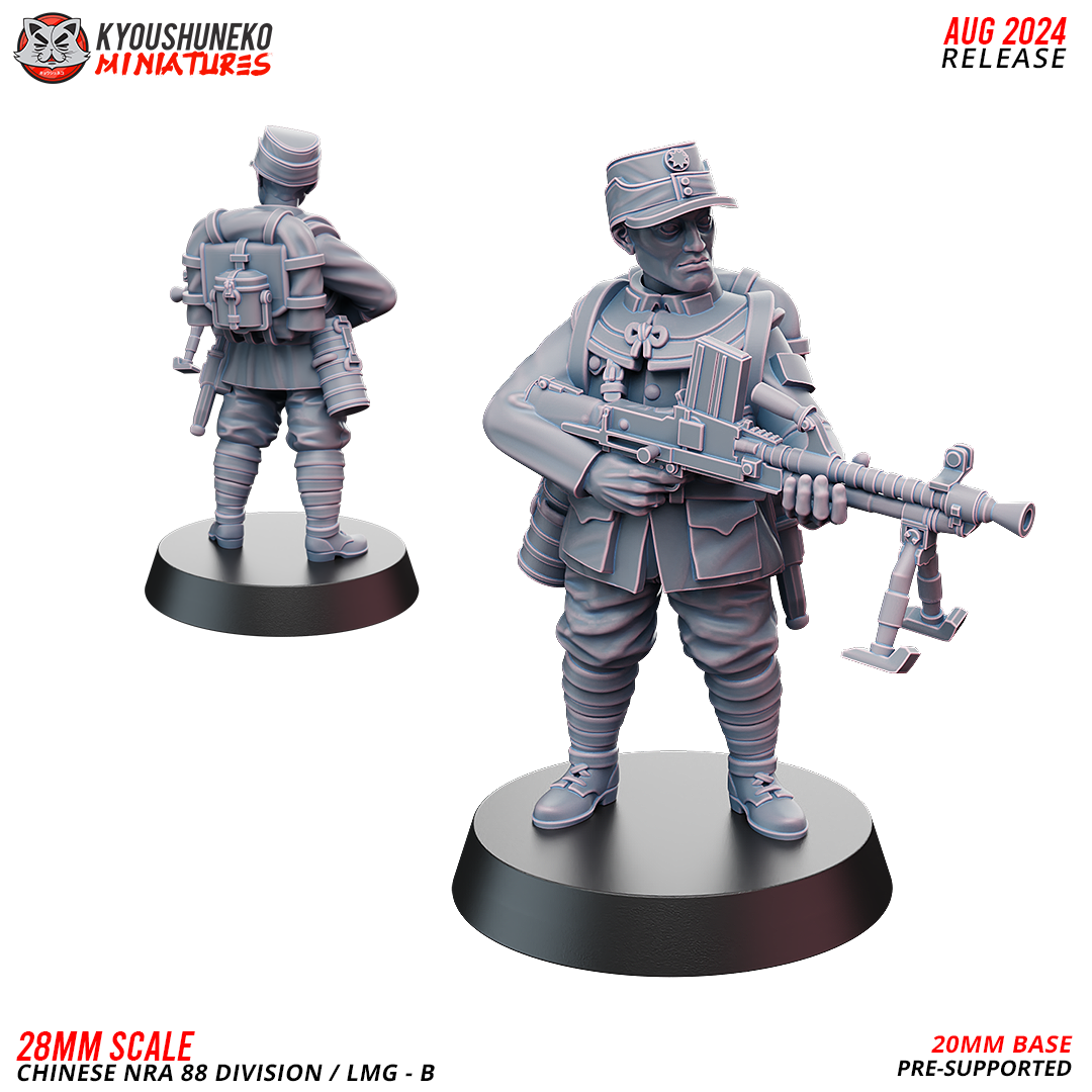 Chinese NRA 88th Division LMG Gunner 2, a standing soldier in a field cap with a bipod light machine gun, front and rear view, designer render by Kyoushuneko Miniatures.