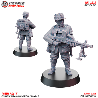 Chinese NRA 88th Division LMG Gunner 2, a standing soldier in a field cap with a bipod light machine gun, front and rear view, designer render by Kyoushuneko Miniatures.