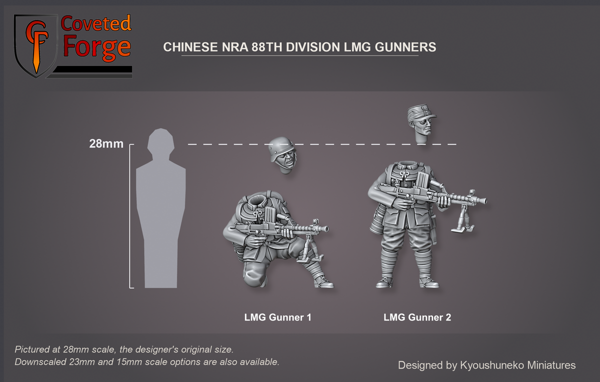Coveted Forge scale render pictured at 28mm (1/56), the original scale, with 23mm and 15mm downscales also available. Complete Set (All 2 Sculpts) shown with every model: LMG Gunner 1, LMG Gunner 2, labelled beside a 28mm human silhouette, front three-quarter view. Heads floated above bodies. Bases not shown.