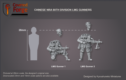 Coveted Forge scale render pictured at 28mm (1/56), the original scale, with 23mm and 15mm downscales also available. Complete Set (All 2 Sculpts) shown with every model: LMG Gunner 1, LMG Gunner 2, labelled beside a 28mm human silhouette, front three-quarter view. Heads floated above bodies. Bases not shown.